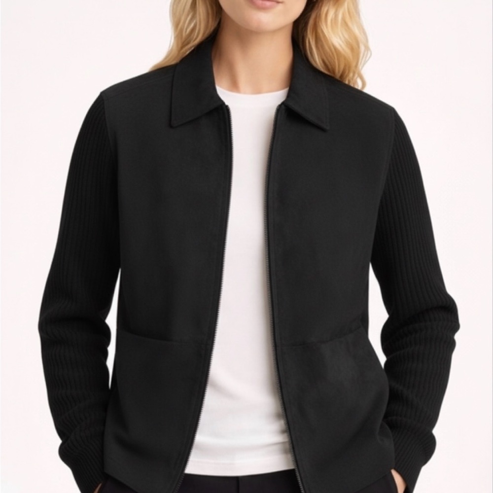 A.M.I. Black Suede Leather Sweater Sleeve Zip Up Jacket PXL